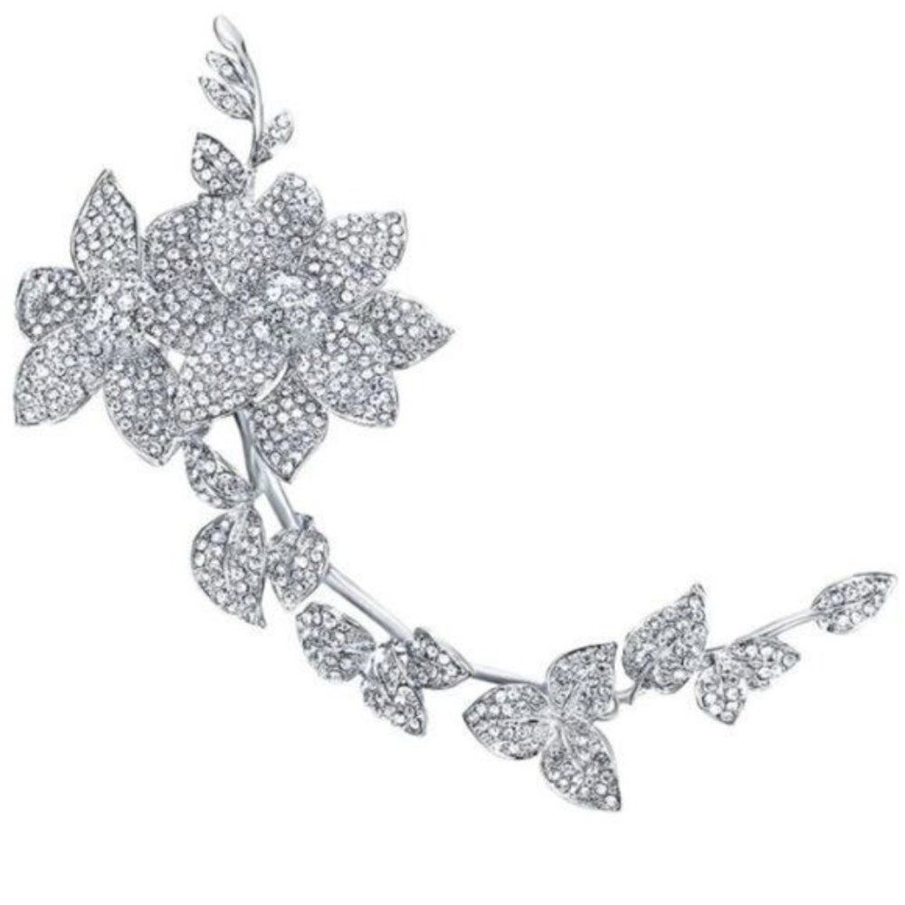 Long Silver with White Diamond Austrian Crystal Flower and Leaf Brooch Pin Back